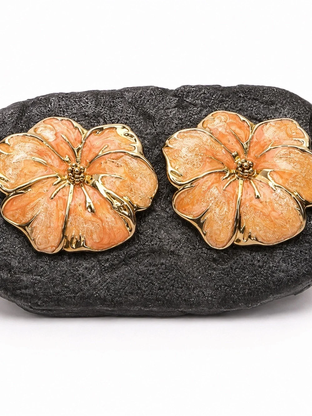 Gold Tone Peach Enamel Hibiscus Flower Stud Earrings Tropical Floral Boho Chic